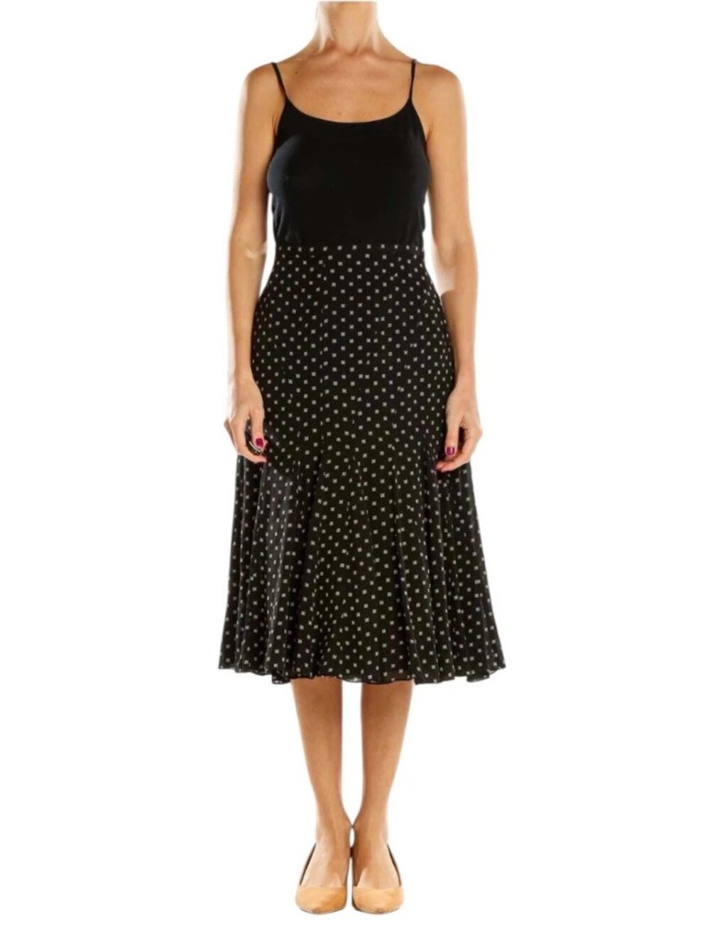 Jones New York Skirt Women's 10 Black & Cream White Silk A-Line Polka Dot Midi